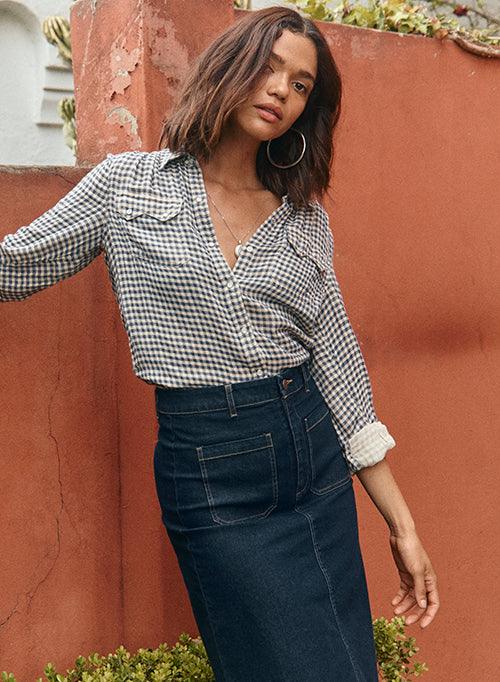 Navy gingham pencil outlet skirt