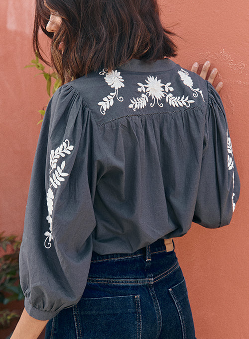 Mexican Embroidered Blouse - Slate Ecru