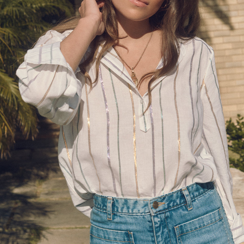 Amelie blouse purple green gold stripe