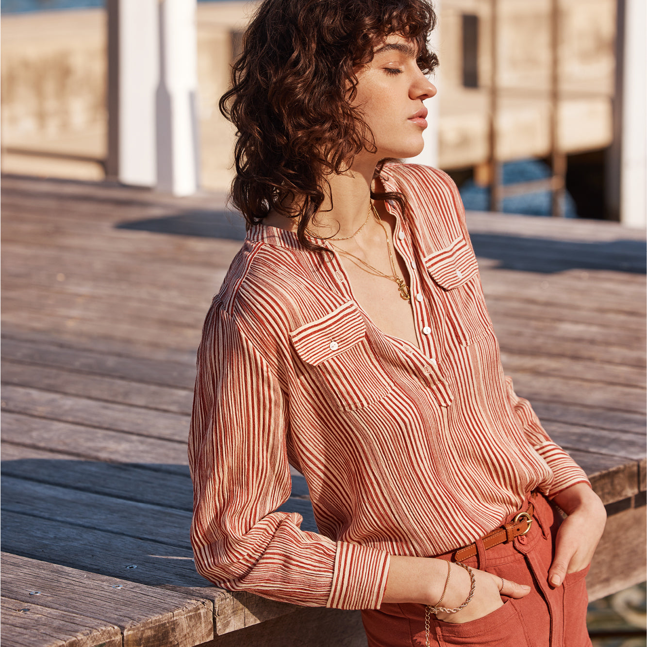 AMELIE BLOUSE W/POCKETS IN RED/ECRU STRIPE