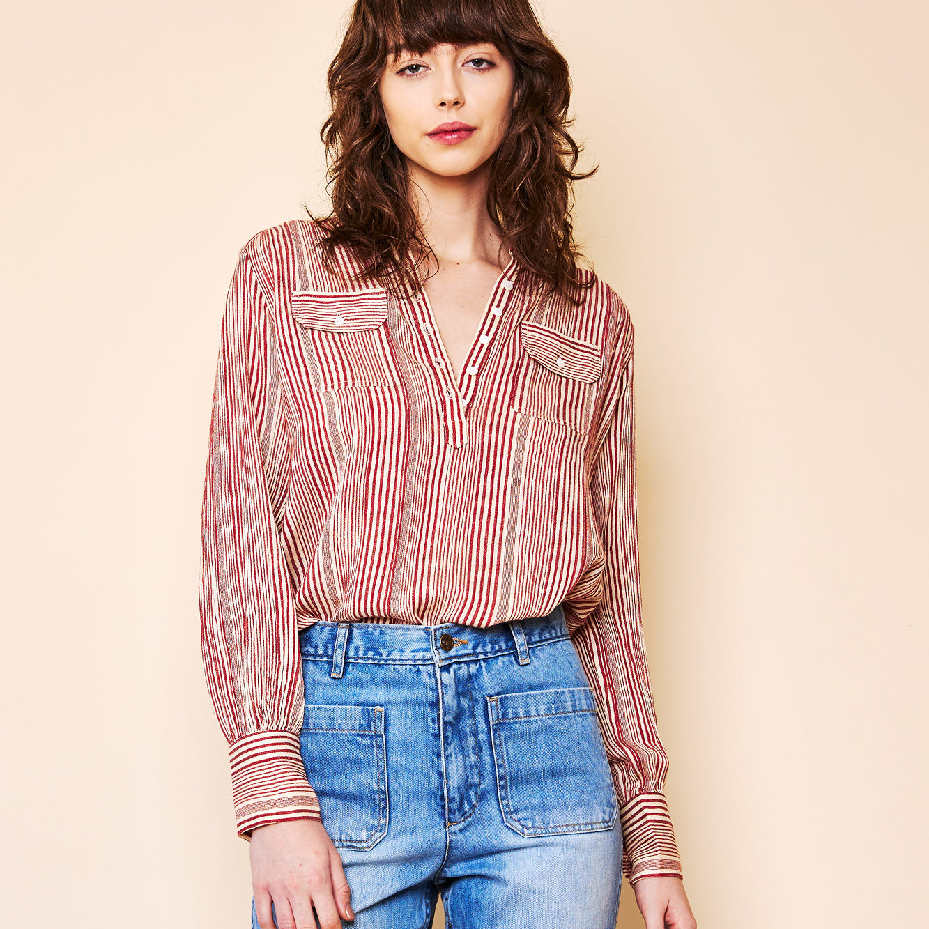 AMELIE BLOUSE W/POCKETS IN RED/ECRU STRIPE