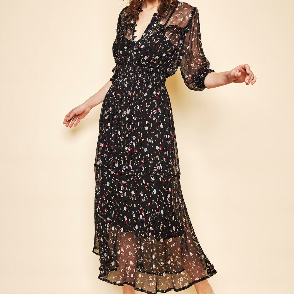 Elke Dress with Frill Black - Floral print