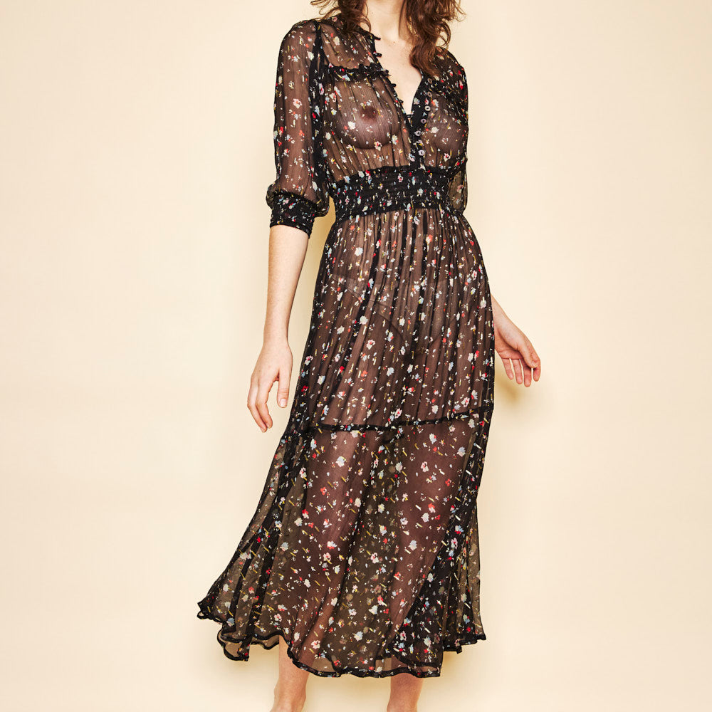 Elke Dress with Frill Black - Floral print