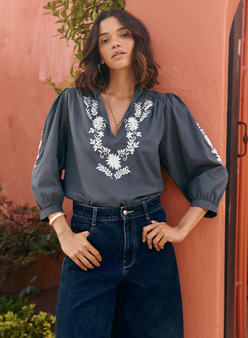 Mexican Embroidered Blouse - Slate Ecru