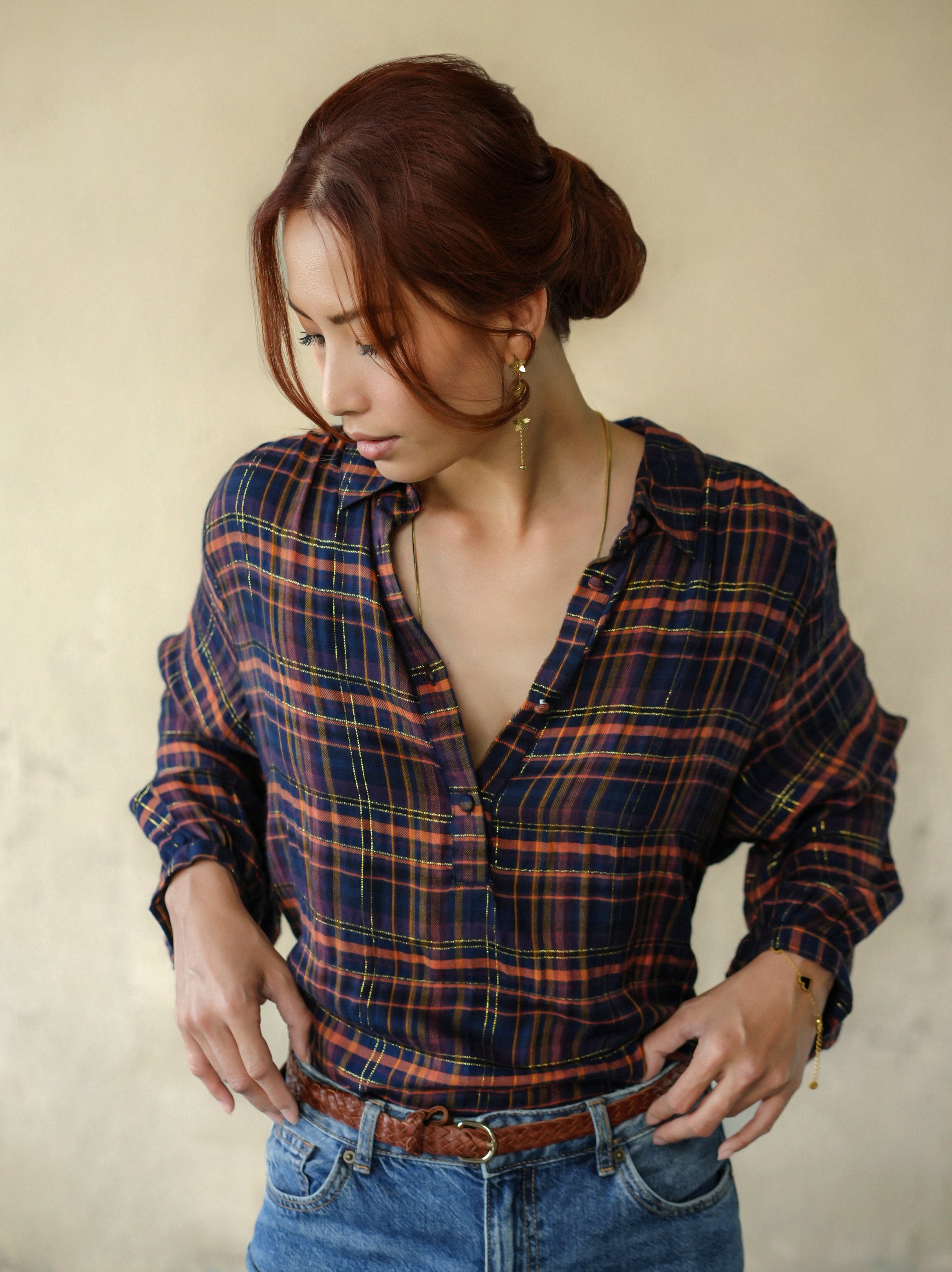 woman wearing birkin blouse blue