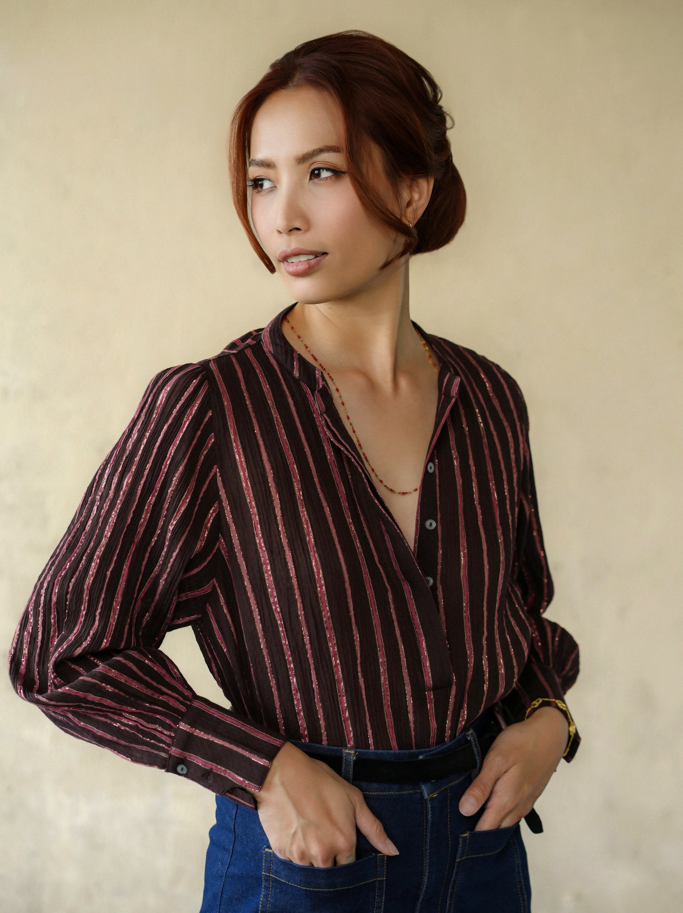 woman wearing chocolate yuni blouse