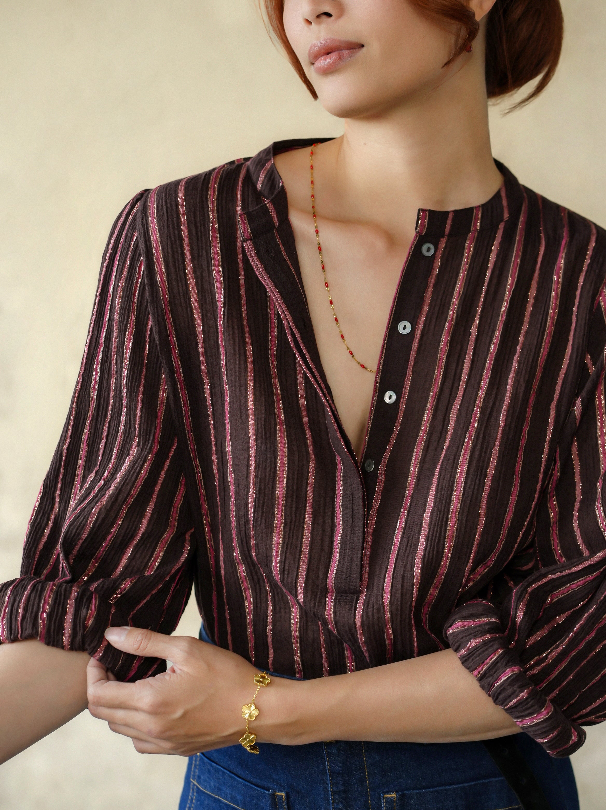 woman wearing chocolate yuni blouse