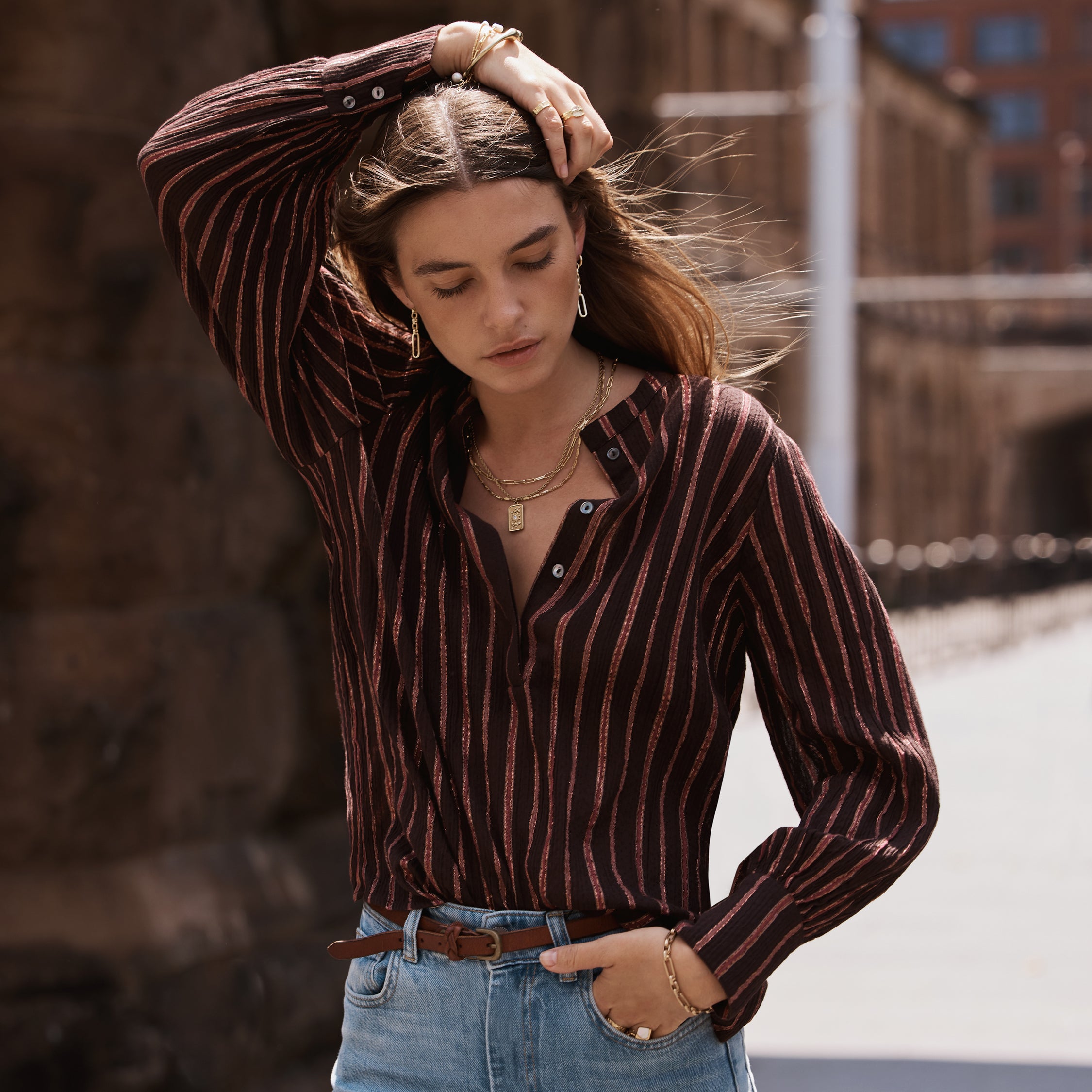 NEW STRIPE BLOUSE CHOCOLATE PINK STRIPE